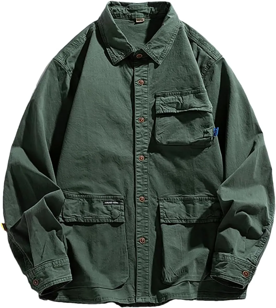 Fnfmrfmr Men Casual Solid Long Sleeves Lapel Shirt Coat Outdoor Multi-Pocket Sports Jacket