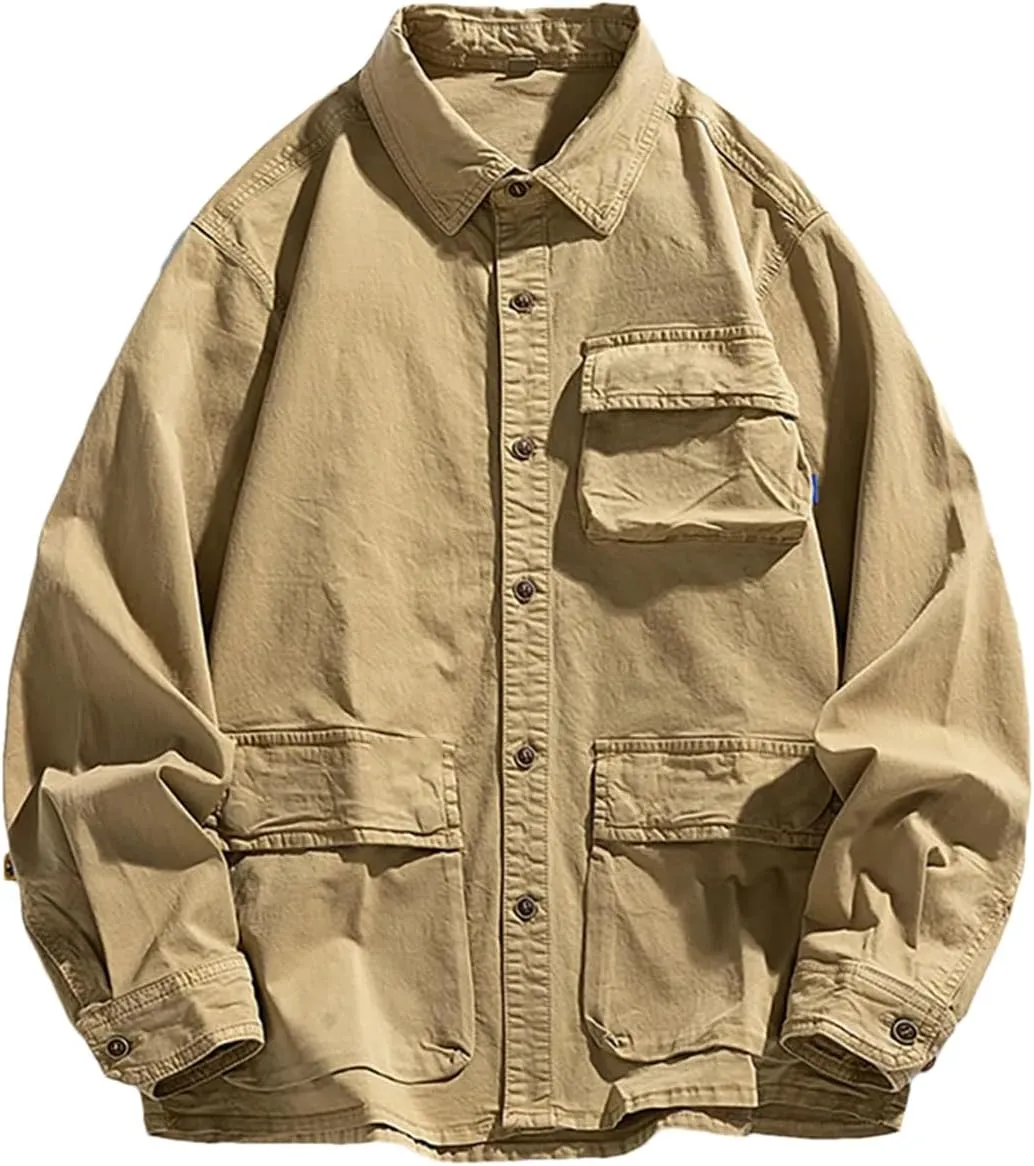 Fnfmrfmr Men Casual Solid Long Sleeves Lapel Shirt Coat Outdoor Multi-Pocket Sports Jacket