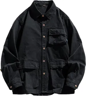 Fnfmrfmr Men Casual Solid Long Sleeves Lapel Shirt Coat Outdoor Multi-Pocket Sports Jacket