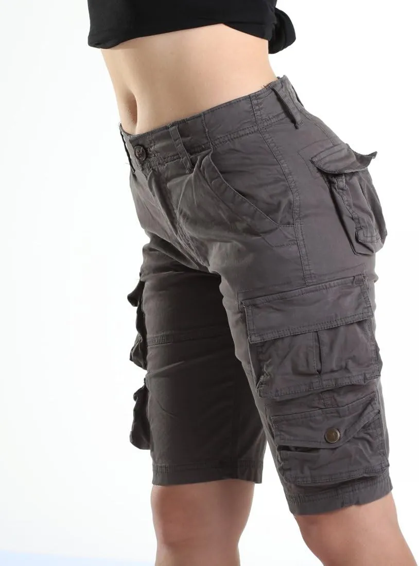 FOURSTEEDS Womens Casual Loose Fit Multi-Pocket Camouflage Twill Bermuda Cargo Shorts with Belt