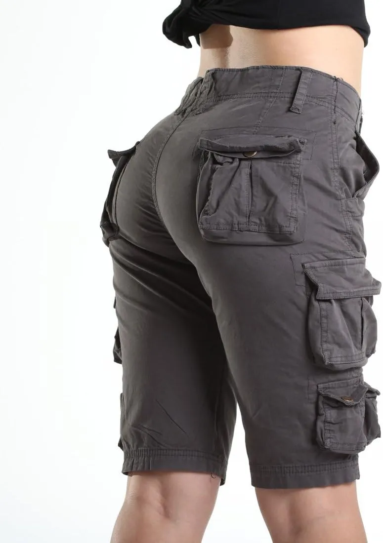 FOURSTEEDS Womens Casual Loose Fit Multi-Pocket Camouflage Twill Bermuda Cargo Shorts with Belt