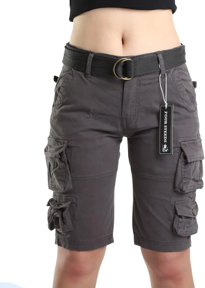 FOURSTEEDS Womens Casual Loose Fit Multi-Pocket Camouflage Twill Bermuda Cargo Shorts with Belt