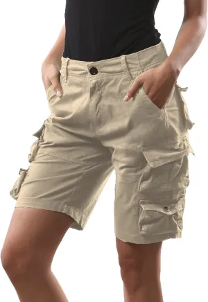 FOURSTEEDS Women's Cotton Butt Lift Multi-Pockets Camouflage Casual Twill Bermuda Cargo Shorts with Belt