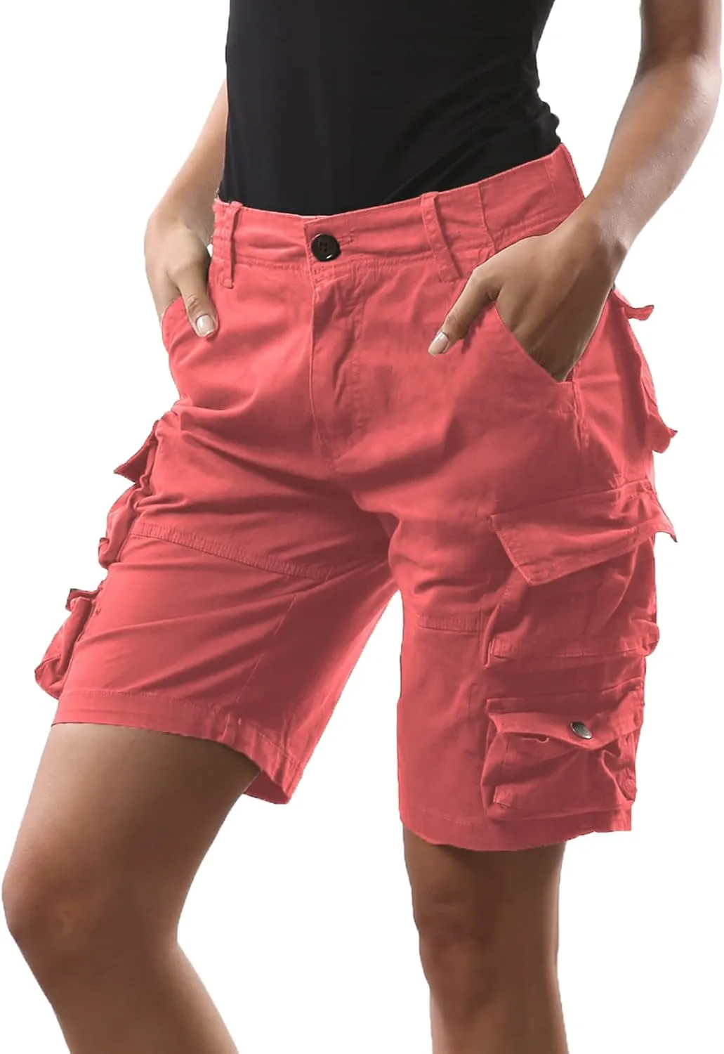 FOURSTEEDS Women's Cotton Butt Lift Multi-Pockets Camouflage Casual Twill Bermuda Cargo Shorts with Belt