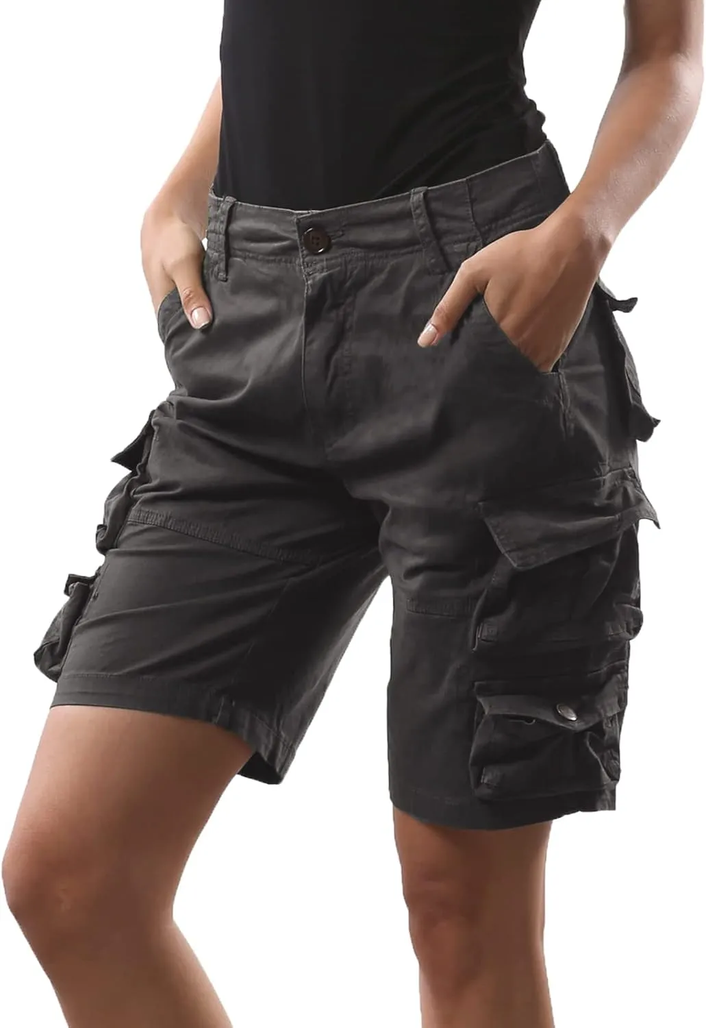 FOURSTEEDS Women's Cotton Butt Lift Multi-Pockets Camouflage Casual Twill Bermuda Cargo Shorts with Belt
