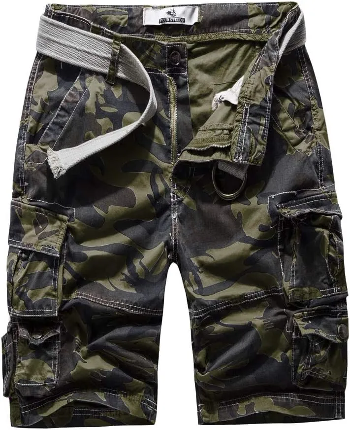 FOURSTEEDS Women's Cotton Butt Lift Multi-Pockets Camouflage Casual Twill Bermuda Cargo Shorts with Belt