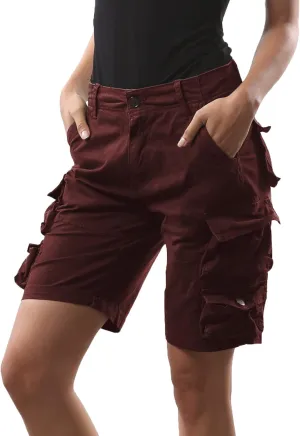 FOURSTEEDS Women's Cotton Butt Lift Multi-Pockets Camouflage Casual Twill Bermuda Cargo Shorts with Belt