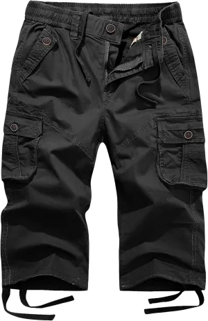 FOURSTEEDS Women's Mid Rise Cotton Capri Hiking Shorts Drawstring Multi Pocket Cargo Shorts Elastic Waist Cropped Cargo Pants