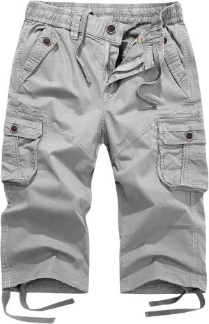 FOURSTEEDS Women's Mid Rise Cotton Capri Hiking Shorts Drawstring Multi Pocket Cargo Shorts Elastic Waist Cropped Cargo Pants