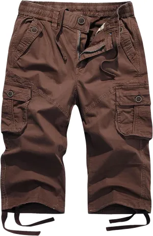FOURSTEEDS Women's Mid Rise Cotton Capri Hiking Shorts Drawstring Multi Pocket Cargo Shorts Elastic Waist Cropped Cargo Pants