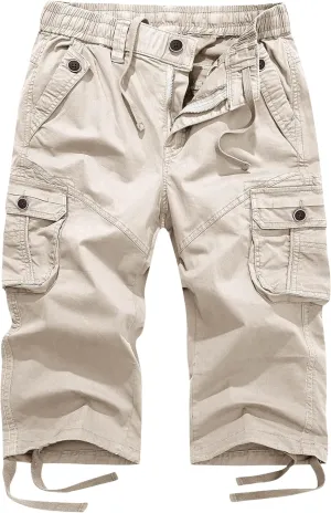 FOURSTEEDS Women's Mid Rise Cotton Capri Hiking Shorts Drawstring Multi Pocket Cargo Shorts Elastic Waist Cropped Cargo Pants