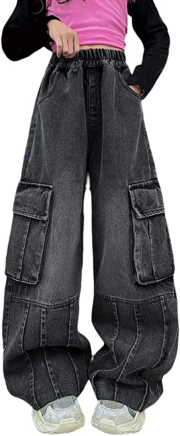 Girls Baggy Wide Leg Cargo Jeans Y2K Aesthetic Vintage High Waist Leg Denim Pants Kids Big Pockets Trousers