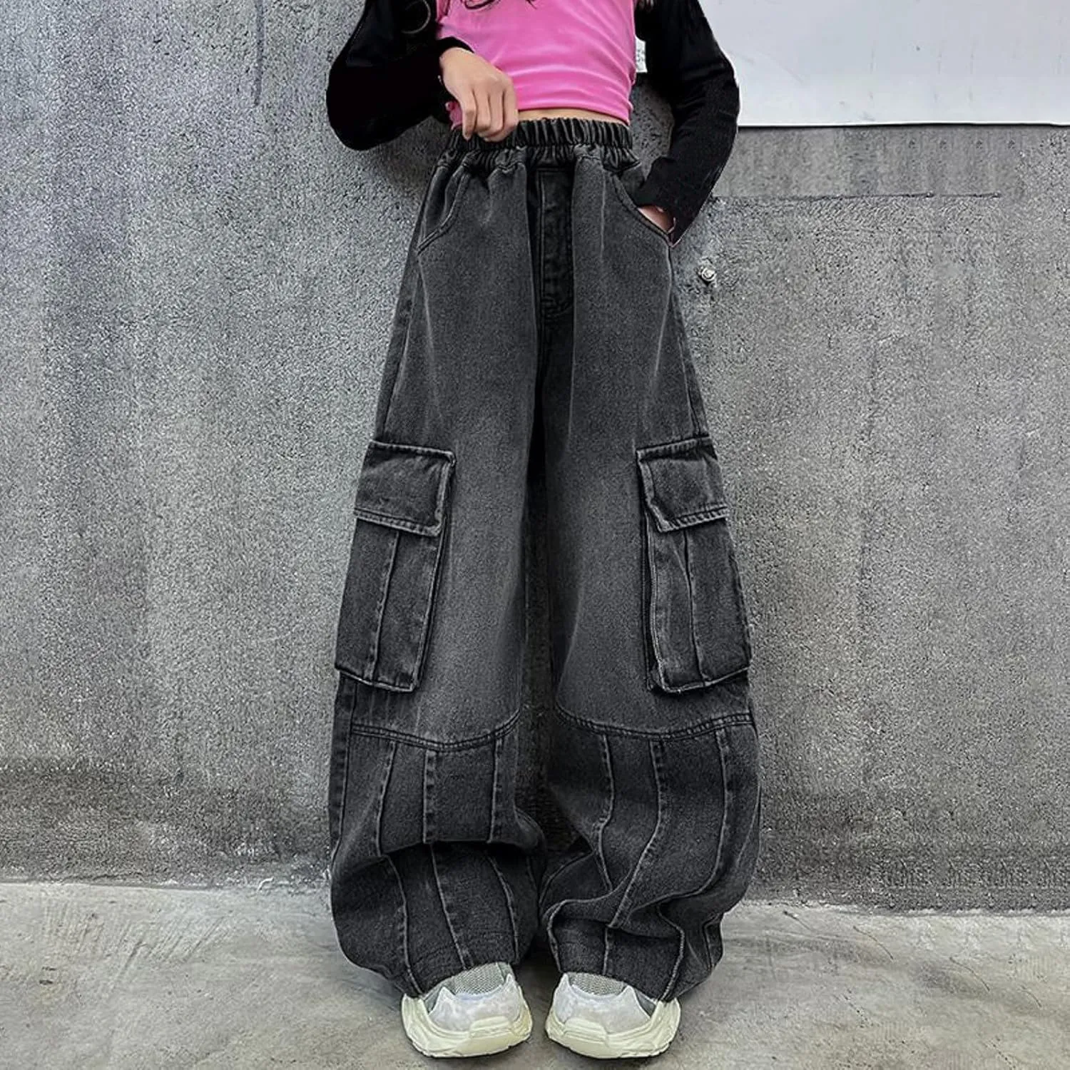 Girls Baggy Wide Leg Cargo Jeans Y2K Aesthetic Vintage High Waist Leg Denim Pants Kids Big Pockets Trousers
