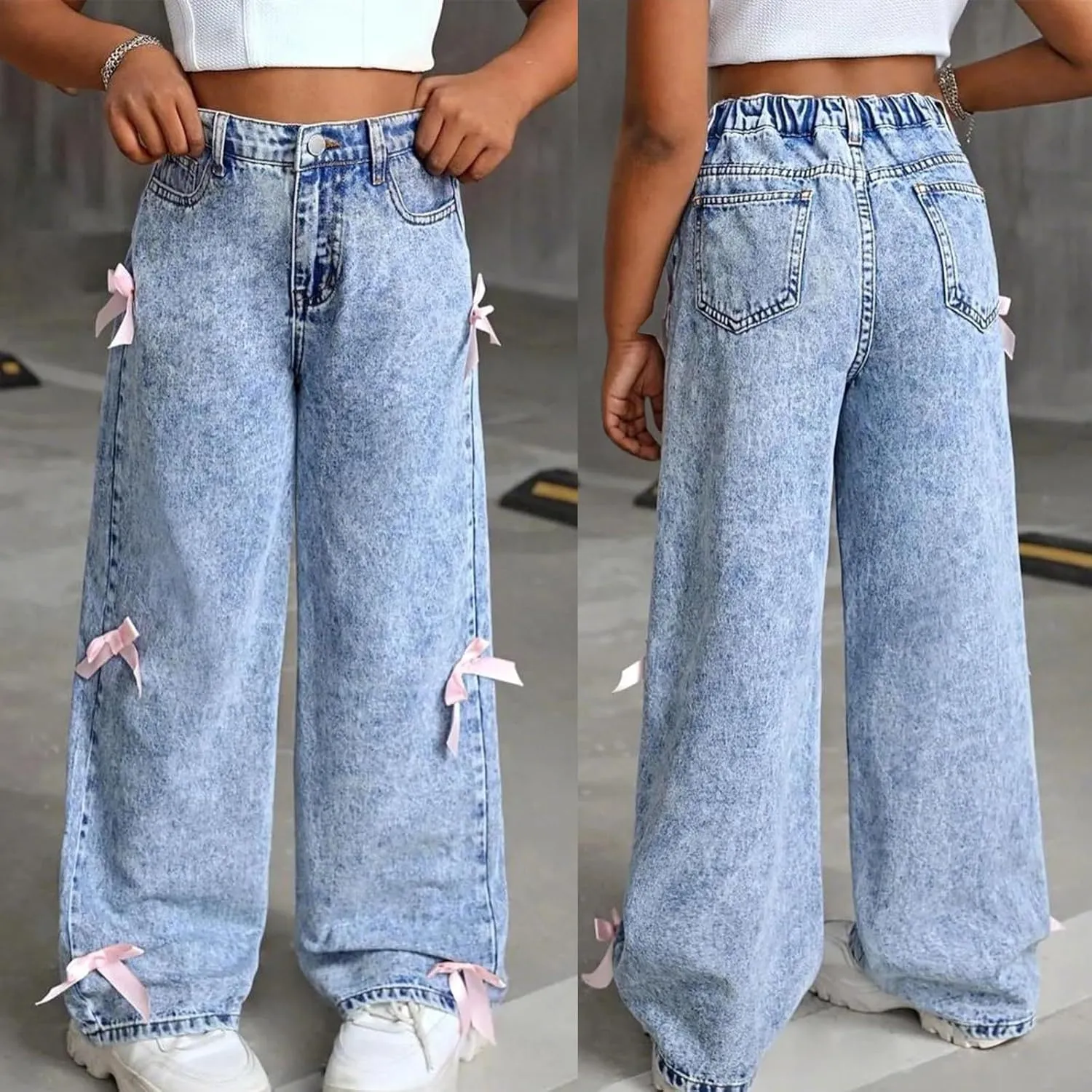 Girls Vintage Jeans Wide Leg Baggy Denim Pants Cute Bow High Elastic Waist Y2k Trousers Summer Casual Kids Streetwear