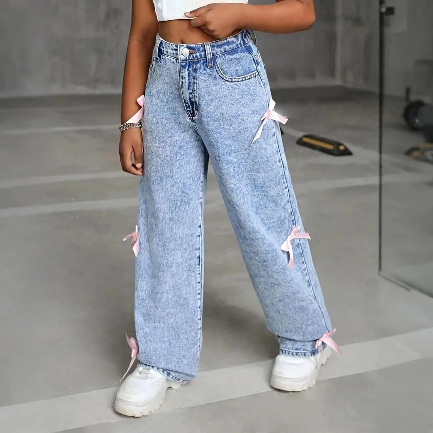 Girls Vintage Jeans Wide Leg Baggy Denim Pants Cute Bow High Elastic Waist Y2k Trousers Summer Casual Kids Streetwear
