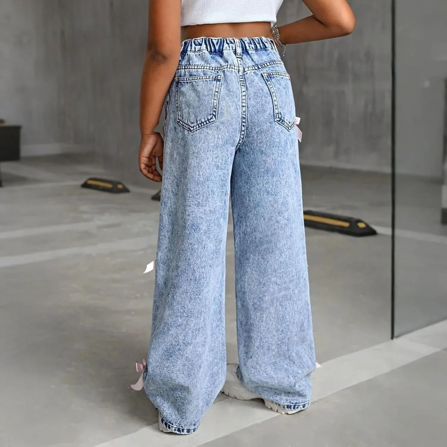 Girls Vintage Jeans Wide Leg Baggy Denim Pants Cute Bow High Elastic Waist Y2k Trousers Summer Casual Kids Streetwear