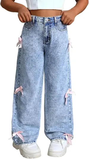 Girls Vintage Jeans Wide Leg Baggy Denim Pants Cute Bow High Elastic Waist Y2k Trousers Summer Casual Kids Streetwear