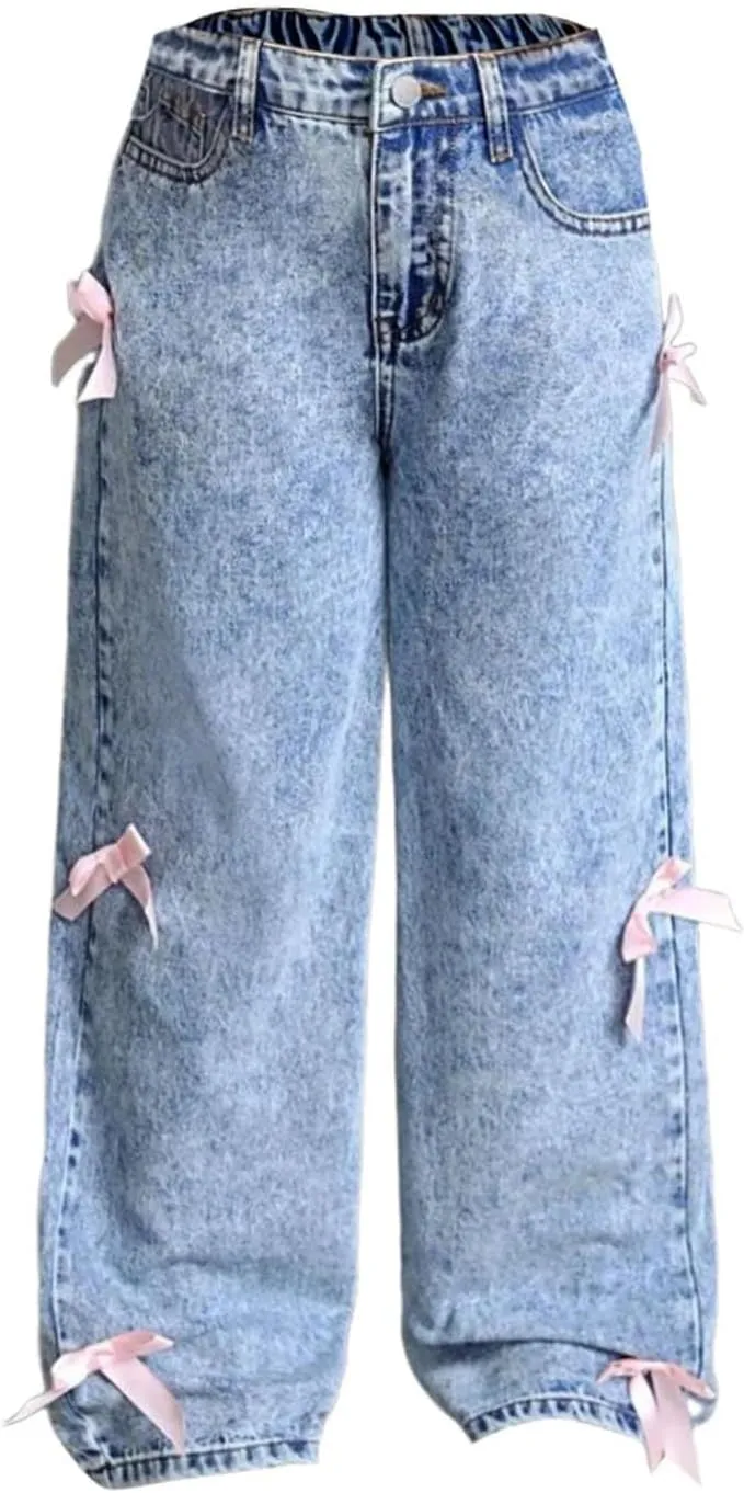 Girls Vintage Jeans Wide Leg Baggy Denim Pants Cute Bow High Elastic Waist Y2k Trousers Summer Casual Kids Streetwear