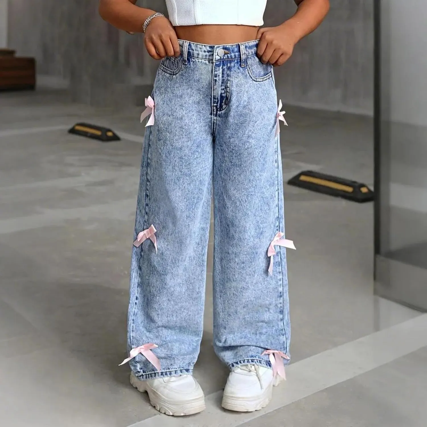 Girls Vintage Jeans Wide Leg Baggy Denim Pants Cute Bow High Elastic Waist Y2k Trousers Summer Casual Kids Streetwear