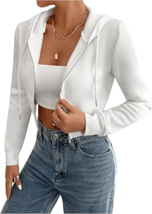 GORGLITTER Women's Cropped Zip Up Hoodie Drawstring Long Sleeve Hooded Sweatshirt
