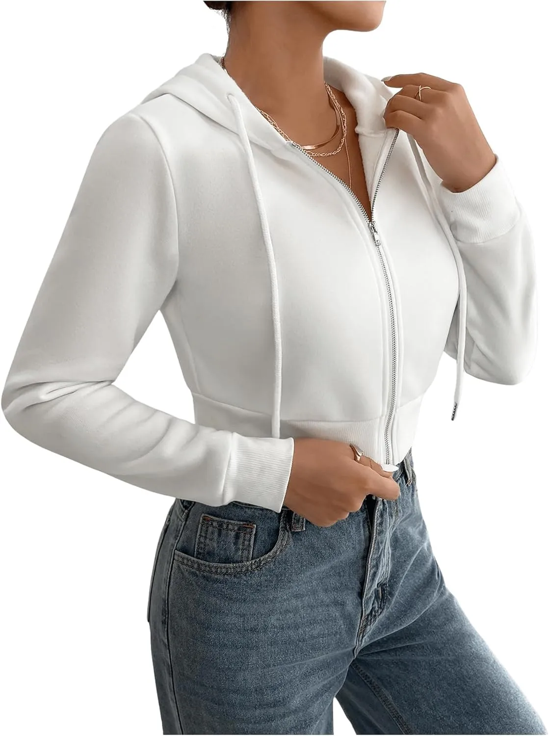 GORGLITTER Women's Cropped Zip Up Hoodie Drawstring Long Sleeve Hooded Sweatshirt