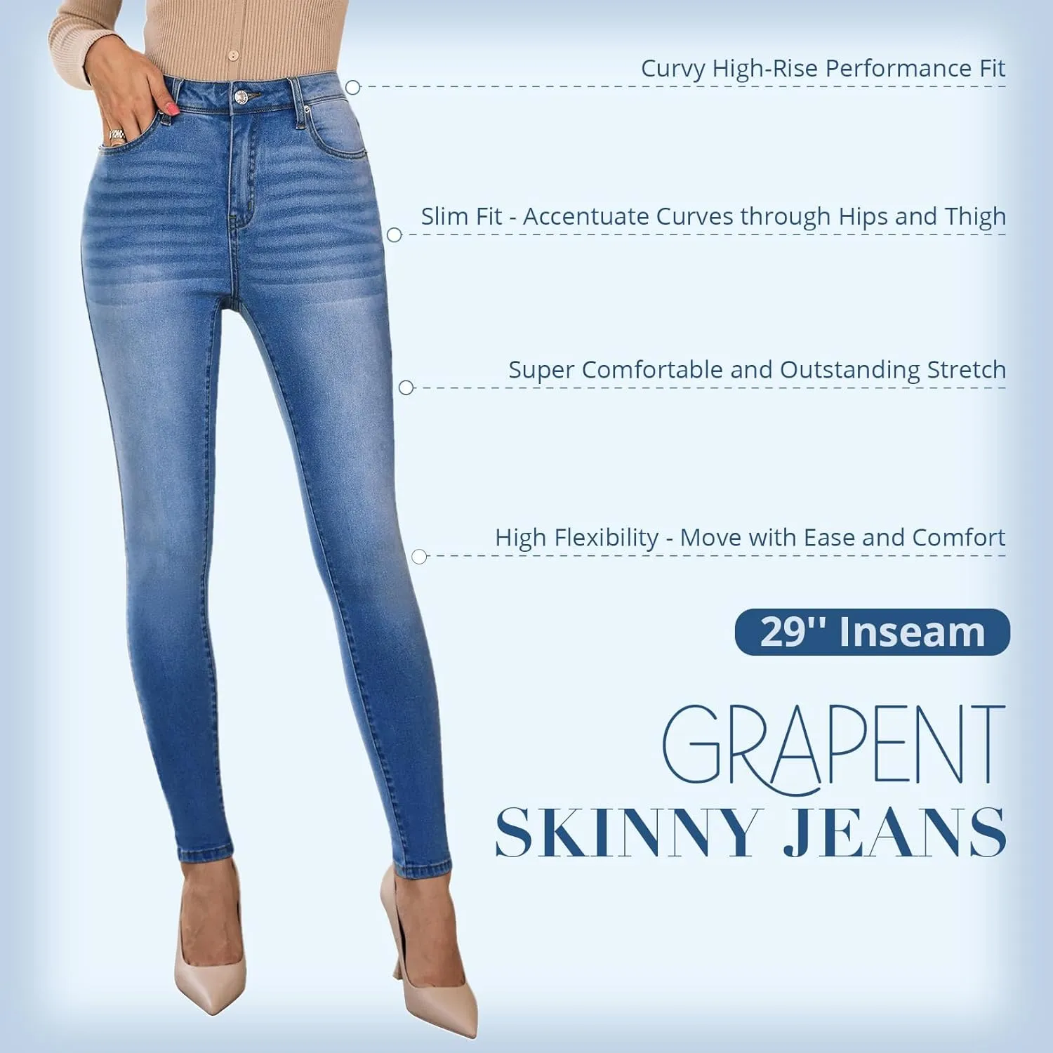 GRAPENT Skinny Jeans for Women High Waist Stretchy Classic High Rise Slimming Jeggings Denim Trousers Pants