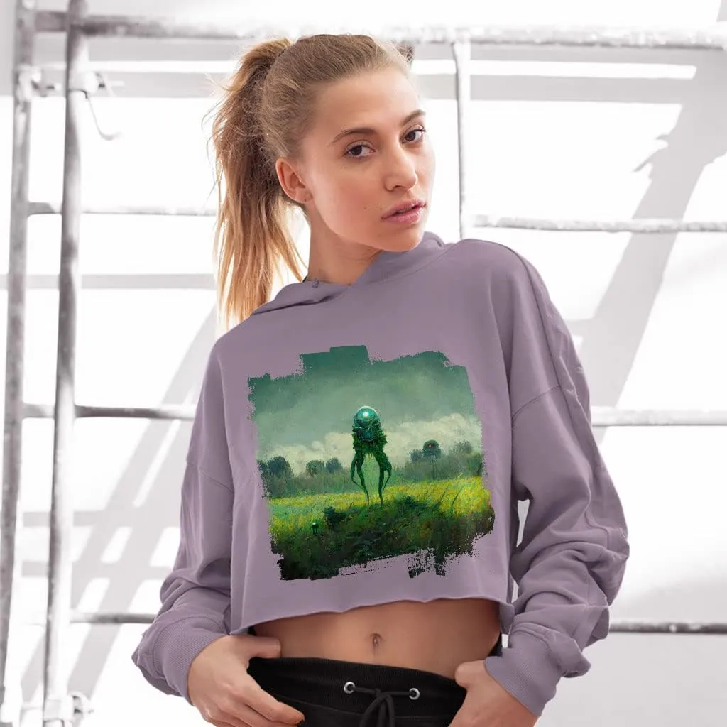 Green Alien Women's Cropped Fleece Hoodie - Printed Cropped Hoodie for Women - Cool Hooded Sweatshirt