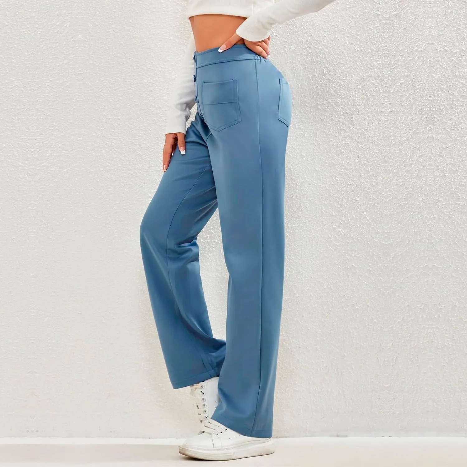 Gumipy Women Wide Leg Pants High Waisted Button Down Casual Straight Leg Pants Stretchy Business Work Trousers with Pockets