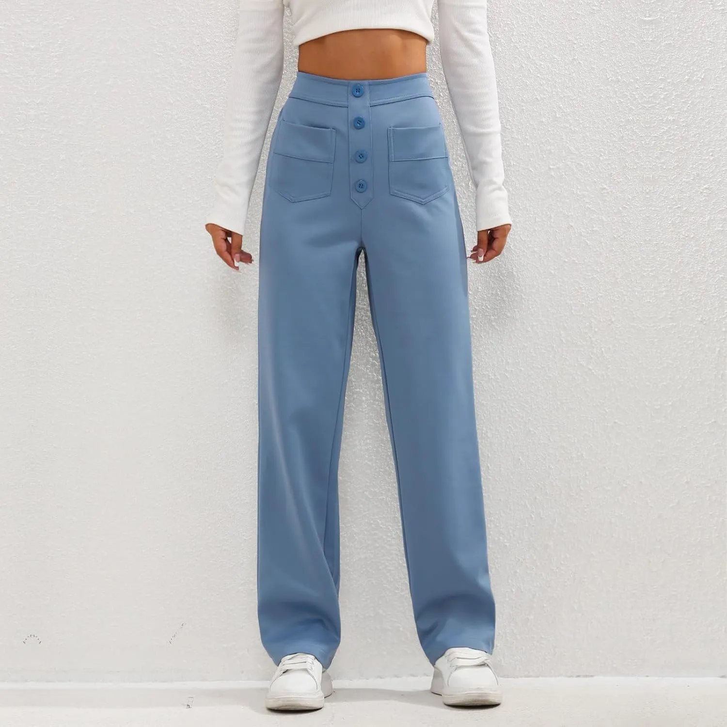 Gumipy Women Wide Leg Pants High Waisted Button Down Casual Straight Leg Pants Stretchy Business Work Trousers with Pockets