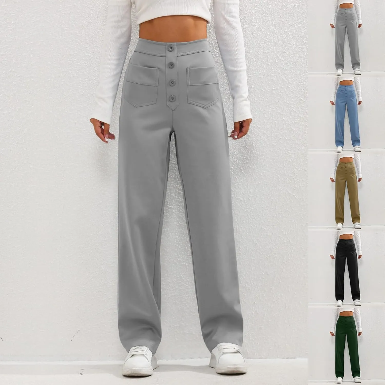 Gumipy Women Wide Leg Pants High Waisted Button Down Casual Straight Leg Pants Stretchy Business Work Trousers with Pockets