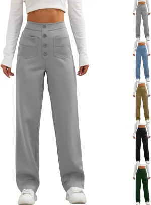 Gumipy Women Wide Leg Pants High Waisted Button Down Casual Straight Leg Pants Stretchy Business Work Trousers with Pockets