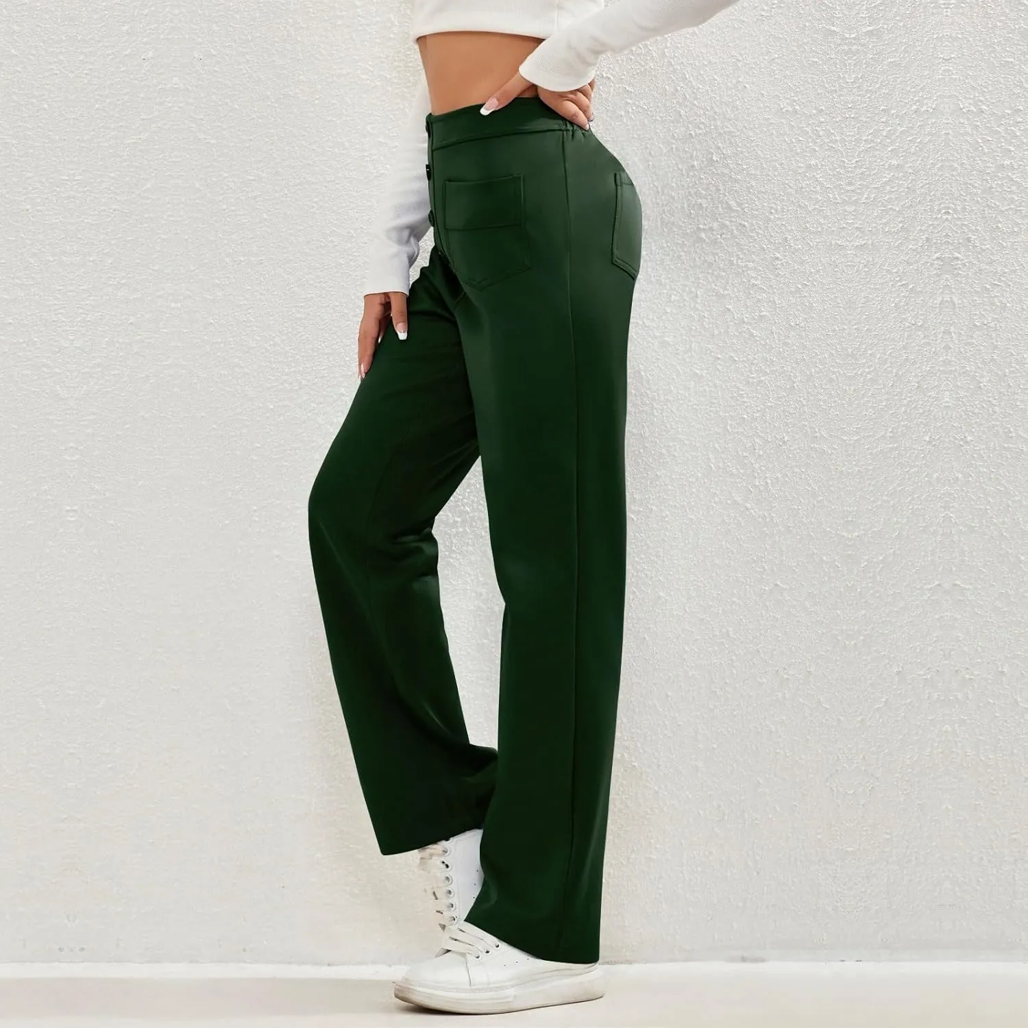 Gumipy Women Wide Leg Pants High Waisted Button Down Casual Straight Leg Pants Stretchy Business Work Trousers with Pockets