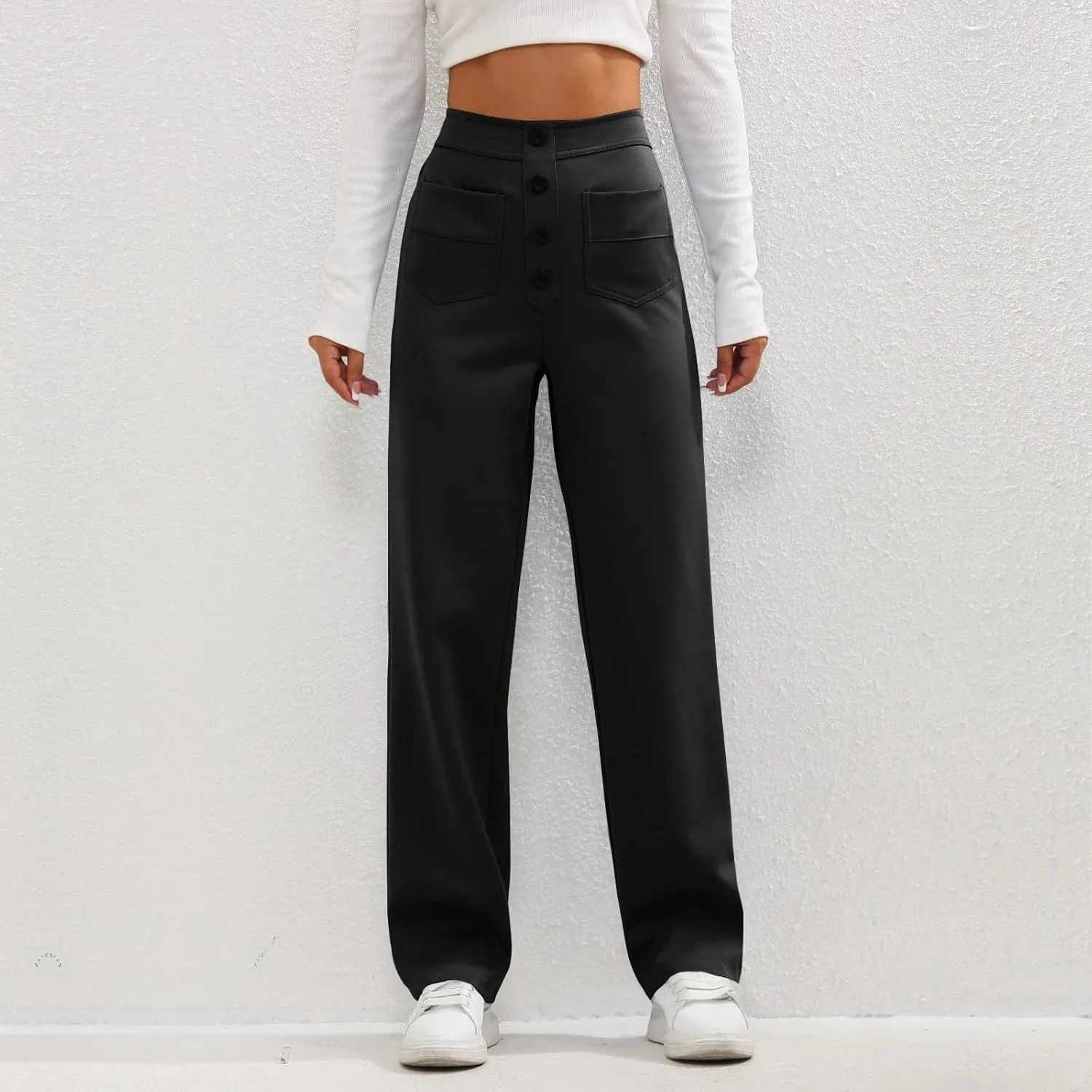 Gumipy Women Wide Leg Pants High Waisted Button Down Casual Straight Leg Pants Stretchy Business Work Trousers with Pockets