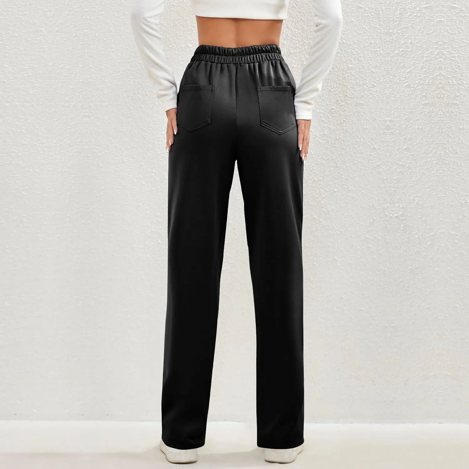 Gumipy Women Wide Leg Pants High Waisted Button Down Casual Straight Leg Pants Stretchy Business Work Trousers with Pockets