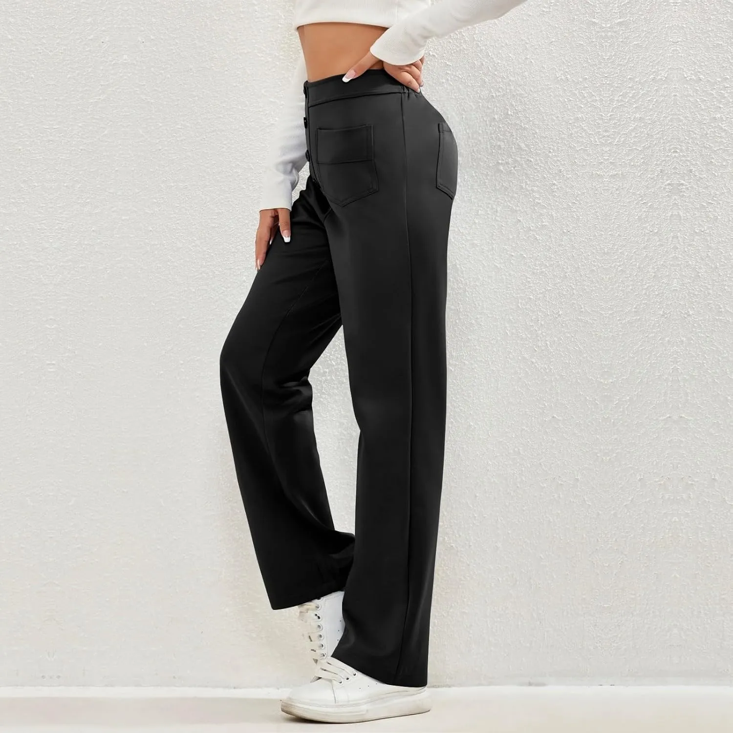 Gumipy Women Wide Leg Pants High Waisted Button Down Casual Straight Leg Pants Stretchy Business Work Trousers with Pockets