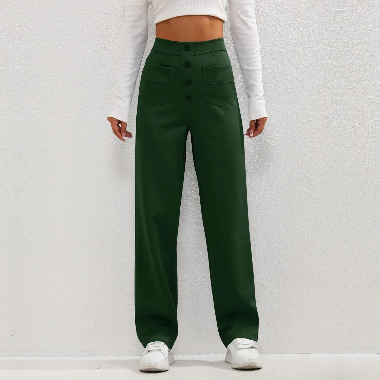 Gumipy Women Wide Leg Pants High Waisted Button Down Casual Straight Leg Pants Stretchy Business Work Trousers with Pockets