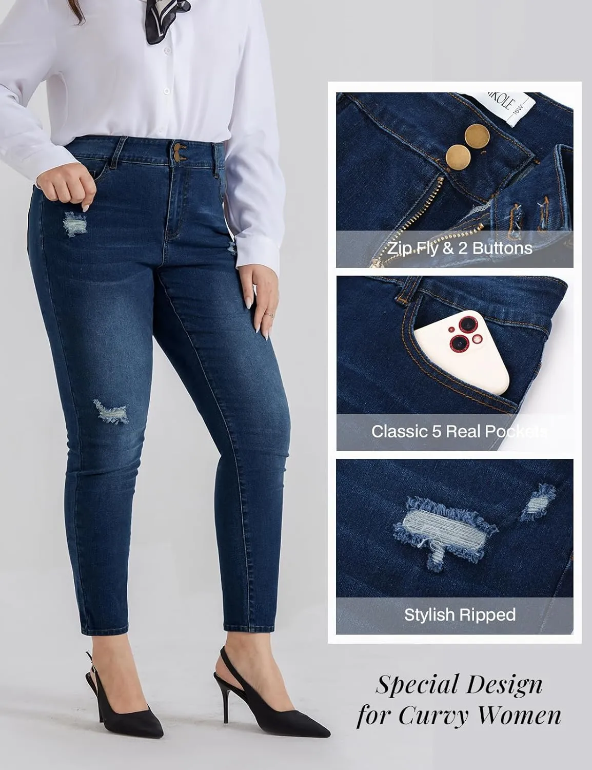 Hanna Nikole Women's Plus Size Jeans High Waisted Ripped Stretchy Skinny Jean Pants with Pockets