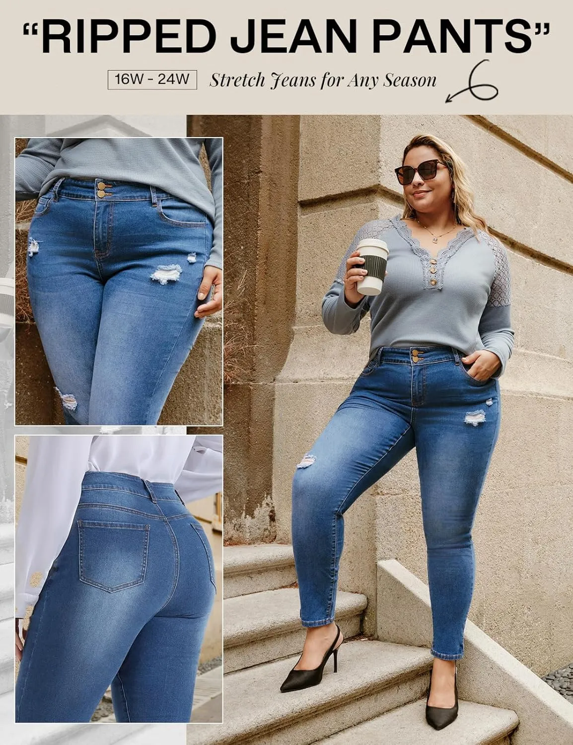 Hanna Nikole Women's Plus Size Jeans High Waisted Ripped Stretchy Skinny Jean Pants with Pockets