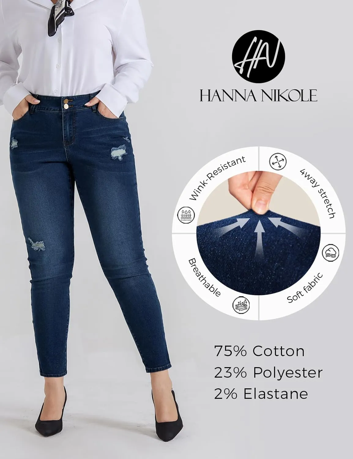 Hanna Nikole Women's Plus Size Jeans High Waisted Ripped Stretchy Skinny Jean Pants with Pockets