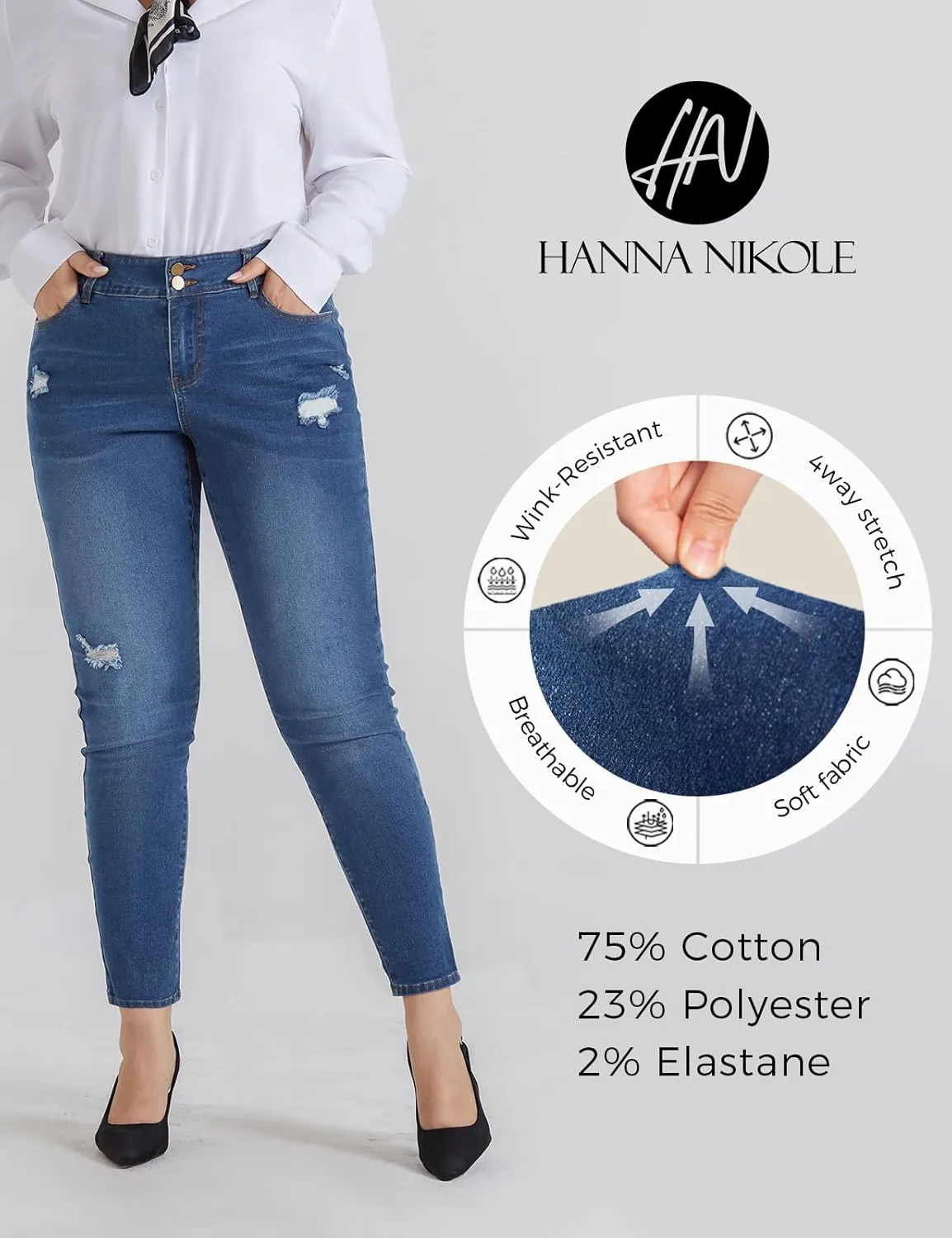 Hanna Nikole Women's Plus Size Jeans High Waisted Ripped Stretchy Skinny Jean Pants with Pockets