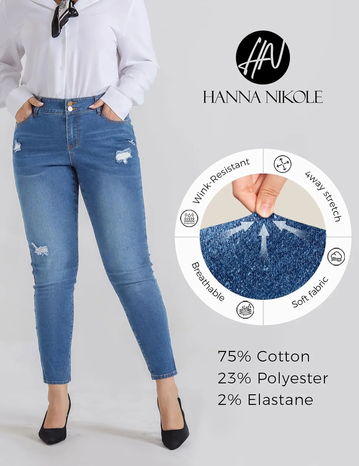 Hanna Nikole Women's Plus Size Jeans High Waisted Ripped Stretchy Skinny Jean Pants with Pockets