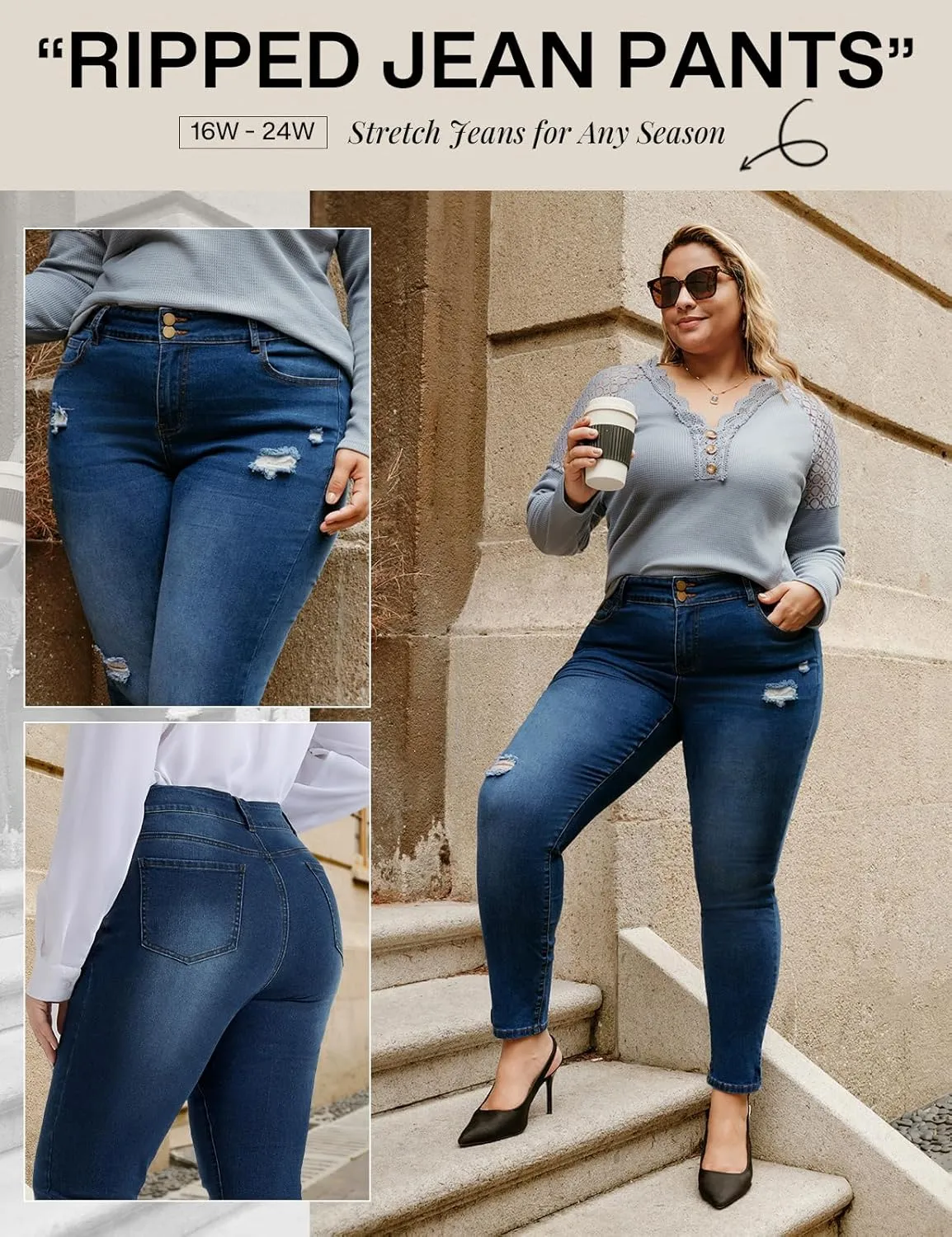 Hanna Nikole Women's Plus Size Jeans High Waisted Ripped Stretchy Skinny Jean Pants with Pockets
