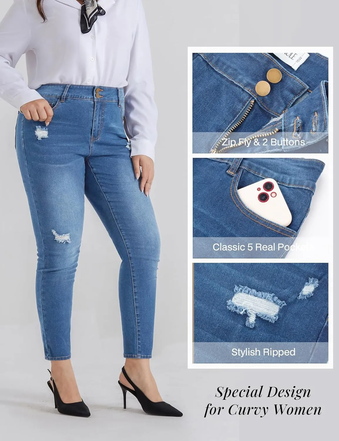 Hanna Nikole Women's Plus Size Jeans High Waisted Ripped Stretchy Skinny Jean Pants with Pockets