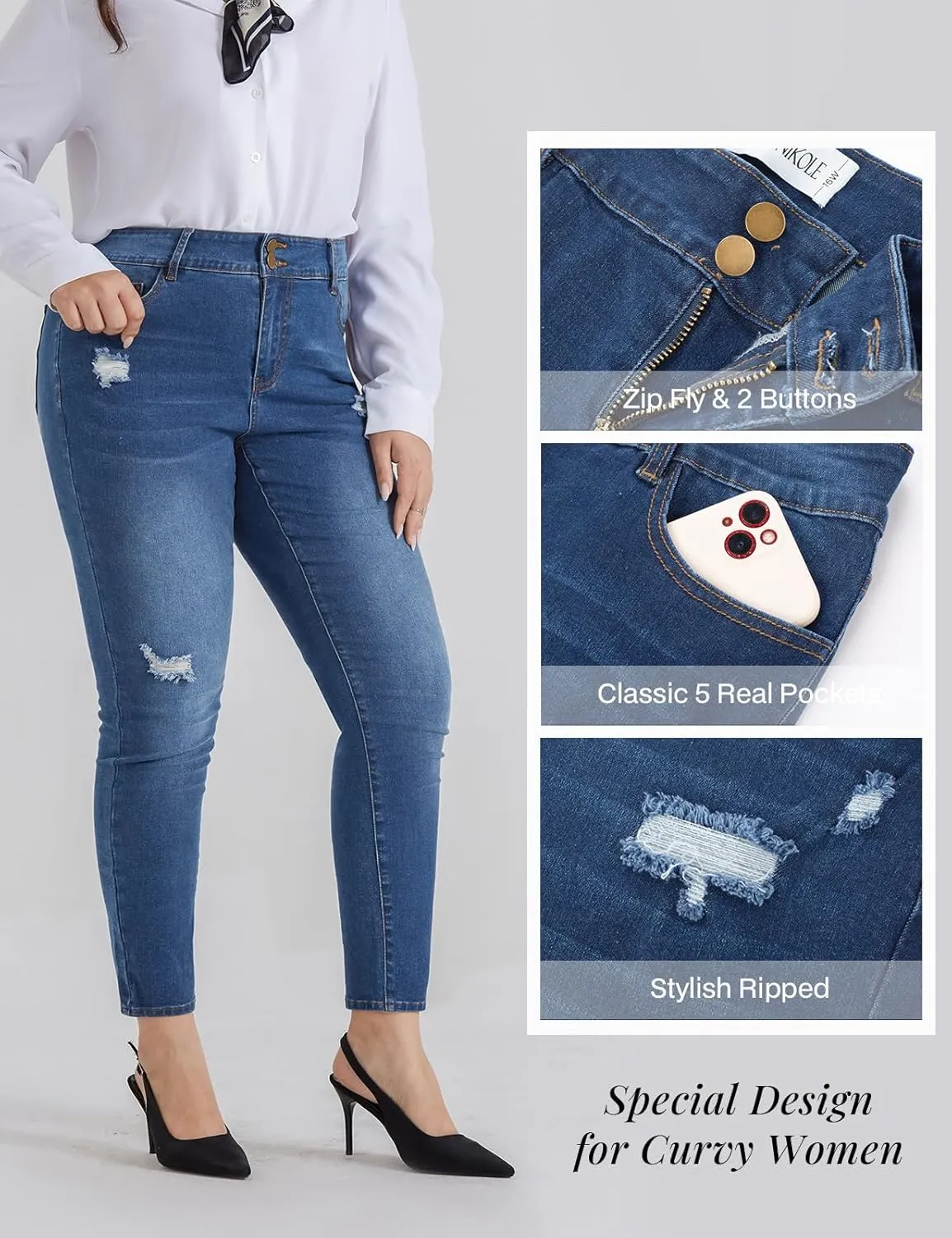 Hanna Nikole Women's Plus Size Jeans High Waisted Ripped Stretchy Skinny Jean Pants with Pockets