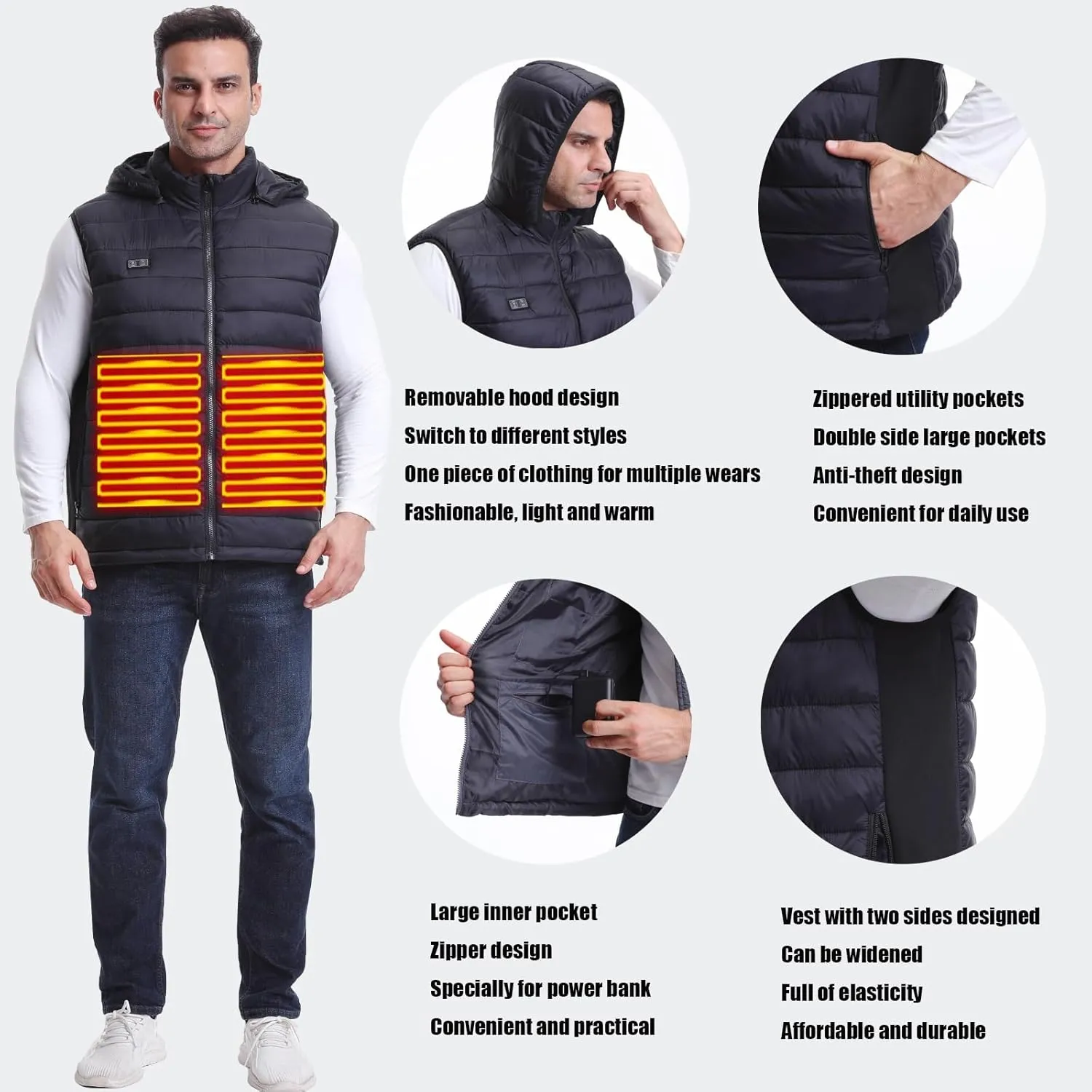 Heated Vest for Men & Winter Windproof UBS Smart Electric Heating Vest&Down Softshell Sleeveless Sports Jacket&S-XXL