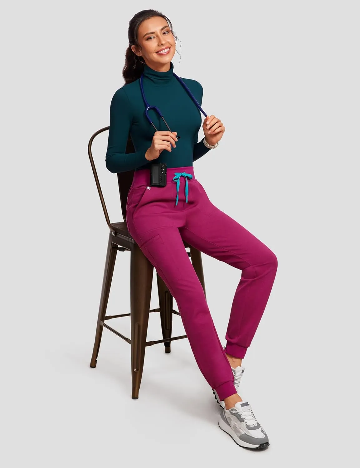 High Waisted Jogger Medical Scrub Pants Women - 7 Pockets Stretch Knit Drawstring Yoga Waistband Slim Fit Pants
