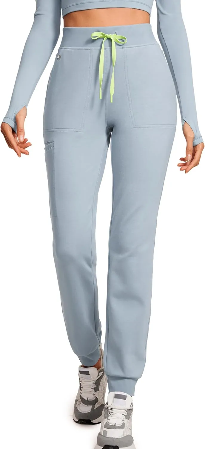 High Waisted Jogger Medical Scrub Pants Women - 7 Pockets Stretch Knit Drawstring Yoga Waistband Slim Fit Pants