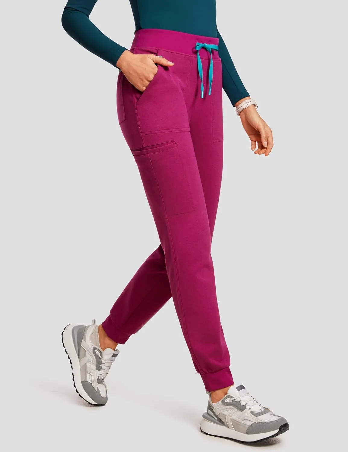 High Waisted Jogger Medical Scrub Pants Women - 7 Pockets Stretch Knit Drawstring Yoga Waistband Slim Fit Pants