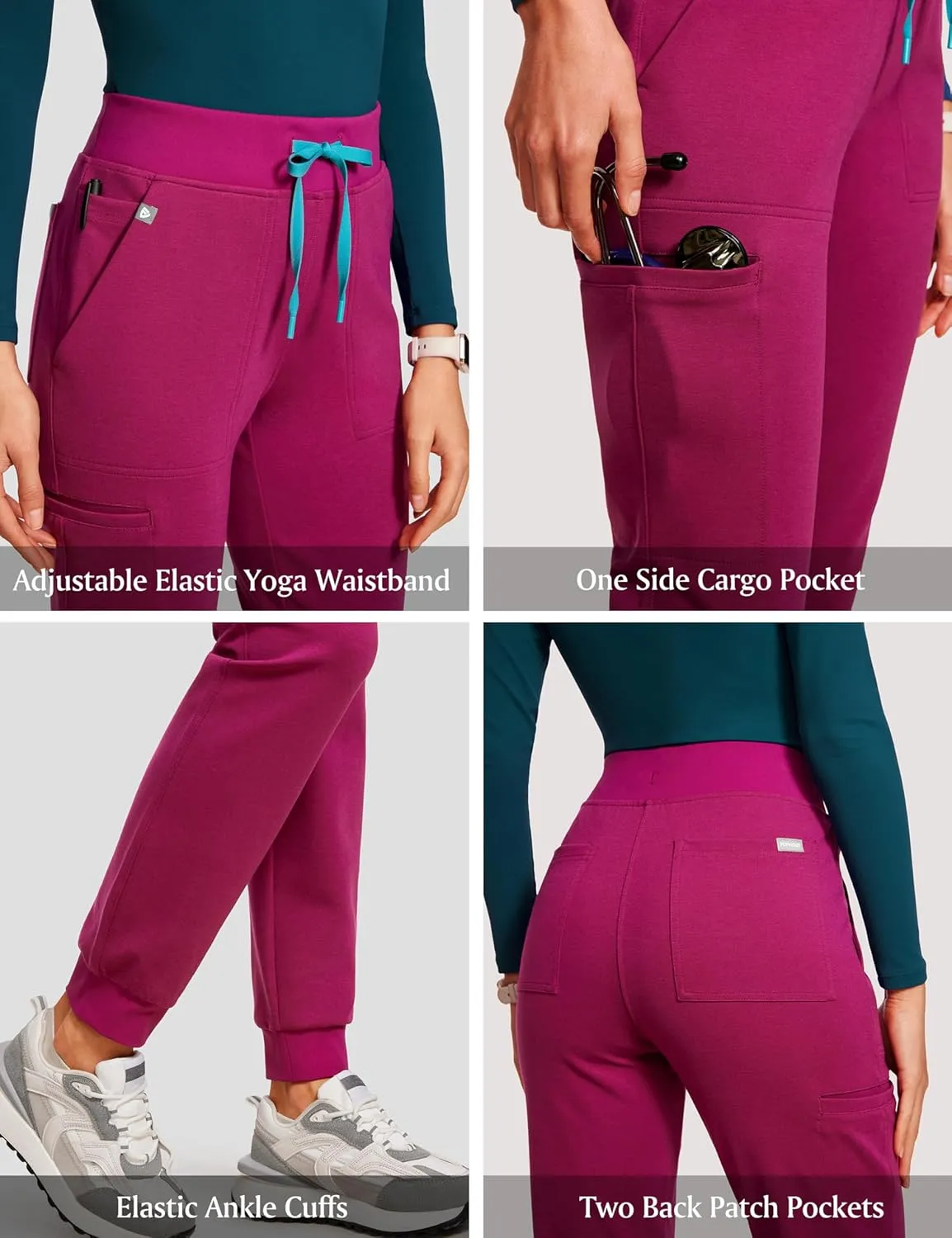 High Waisted Jogger Medical Scrub Pants Women - 7 Pockets Stretch Knit Drawstring Yoga Waistband Slim Fit Pants