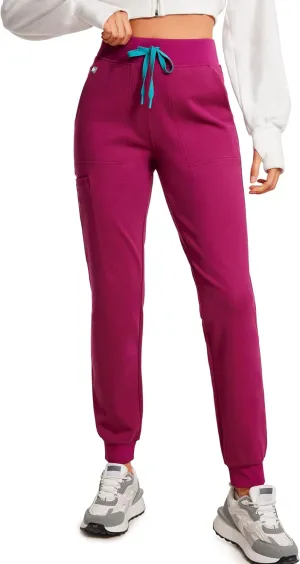 High Waisted Jogger Medical Scrub Pants Women - 7 Pockets Stretch Knit Drawstring Yoga Waistband Slim Fit Pants